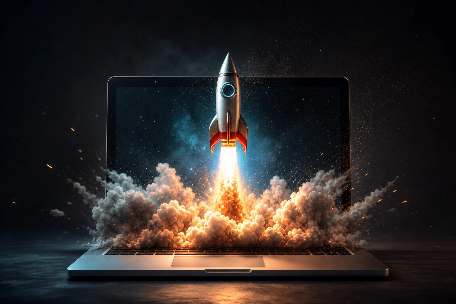 Rocket launching from a laptop with smoke and sparks